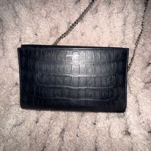 Saint Laurent Black Croc-Embossed Leather Crossbody Bag with Silver Chain
